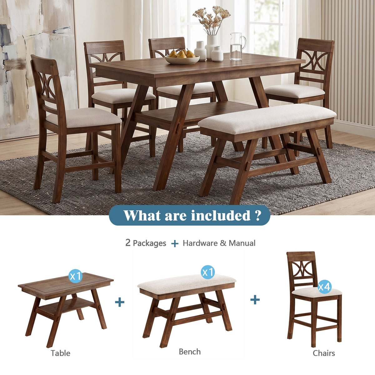 Counter Height 6-Piece Wood Dining Set with Storage Shelf - Walnut