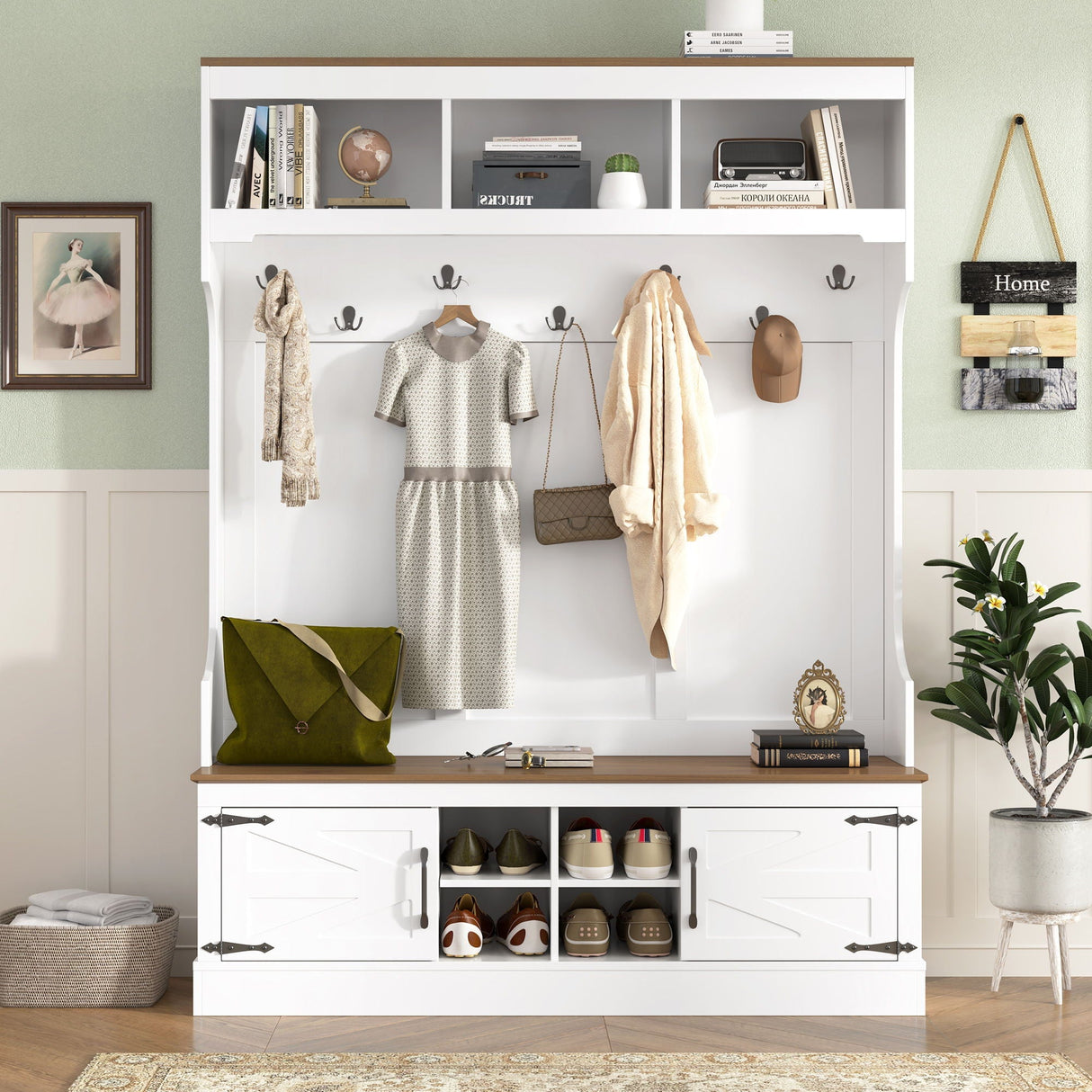 Hall Tree With Bench And Shoe Storage, 5 In 1 Entryway Organizer