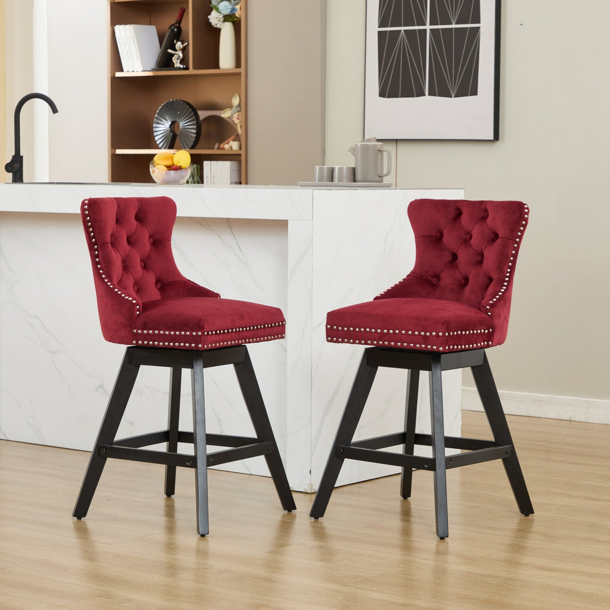 Swivel Velvet Barstools with Button Tufted Decoration - Set of 2 (Wine Red)