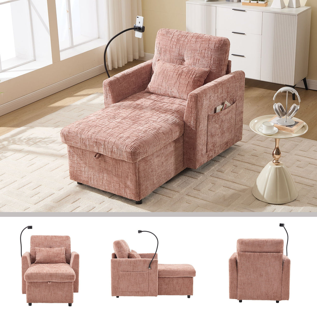 Multifunctional Recliner Sofa with Storage and Phone Bracket