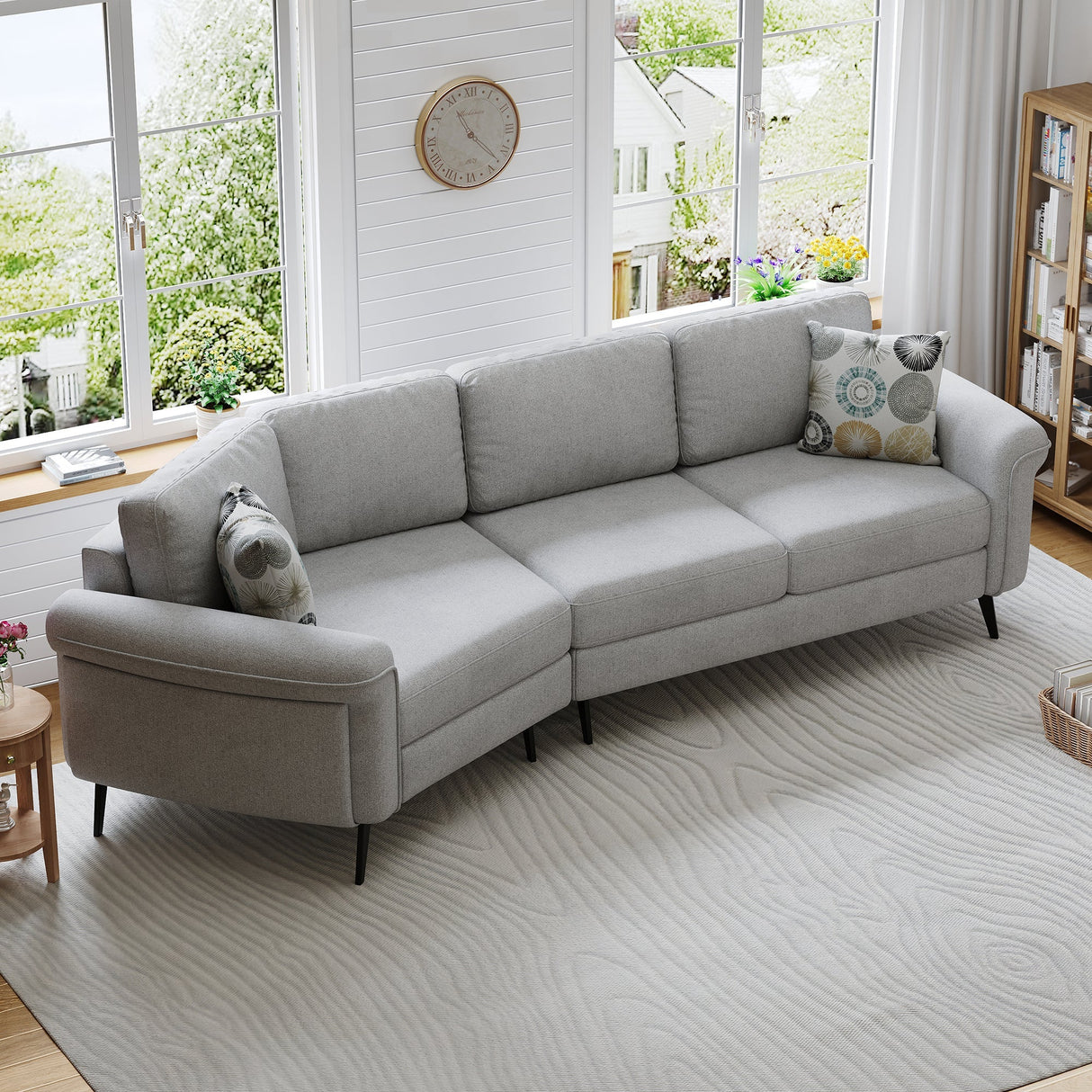 111" Upholstered 3-Seater Sofa with Curved Design and Two Printed Pillows