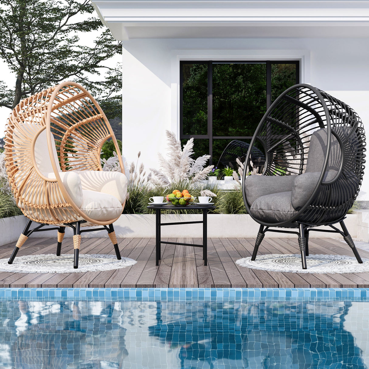 New Style PE Wicker Weaving Patio Egg Chair with Natural Color Rattan Beige Cushion