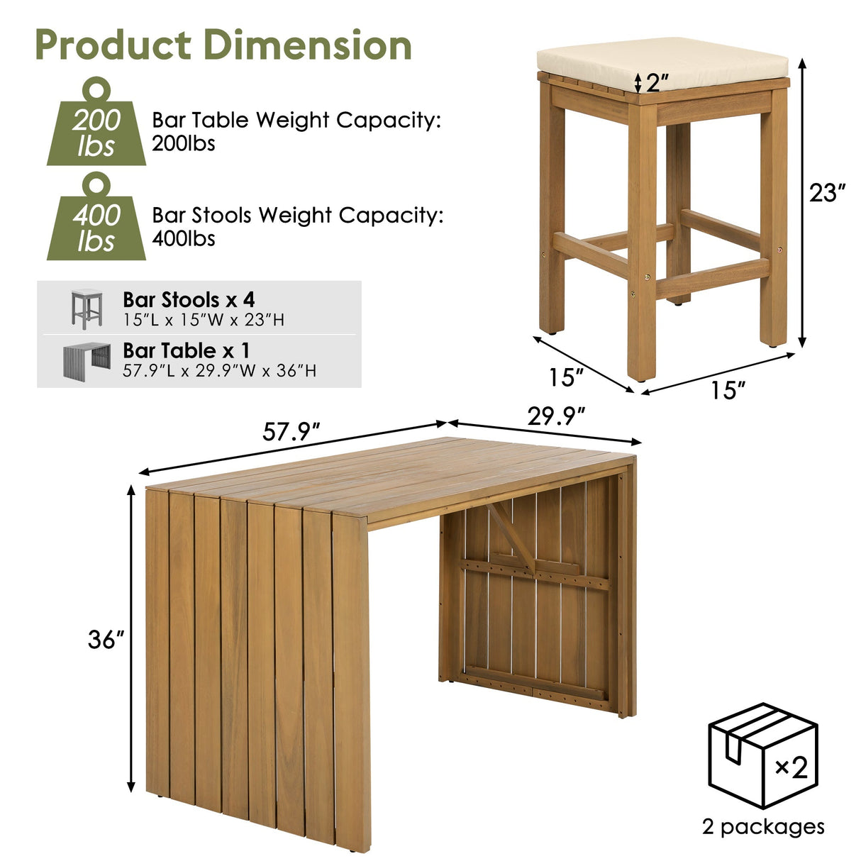 5 Piece Outdoor Bar Set with Acacia Wood Table and Cushioned Stools