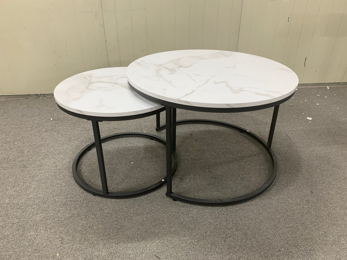 Nesting Coffee Table Set of 2, 27.6inch Round Wood Marble Pattern Top with Sturdy Metal Frame