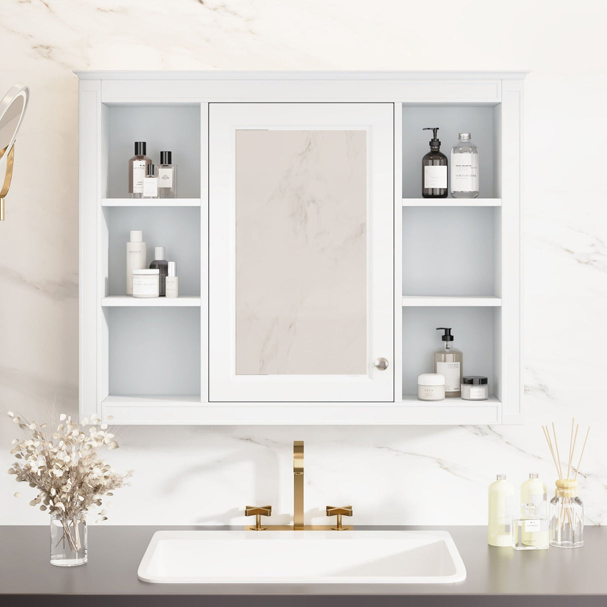 Wall Mounted Medicine Cabinet With Mirror and 6 Open Shelves