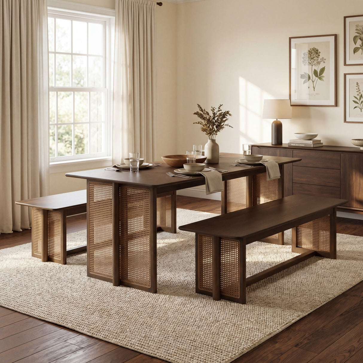 Walnut-Colored Rubber Wood Dining Set with Plastic Rattan