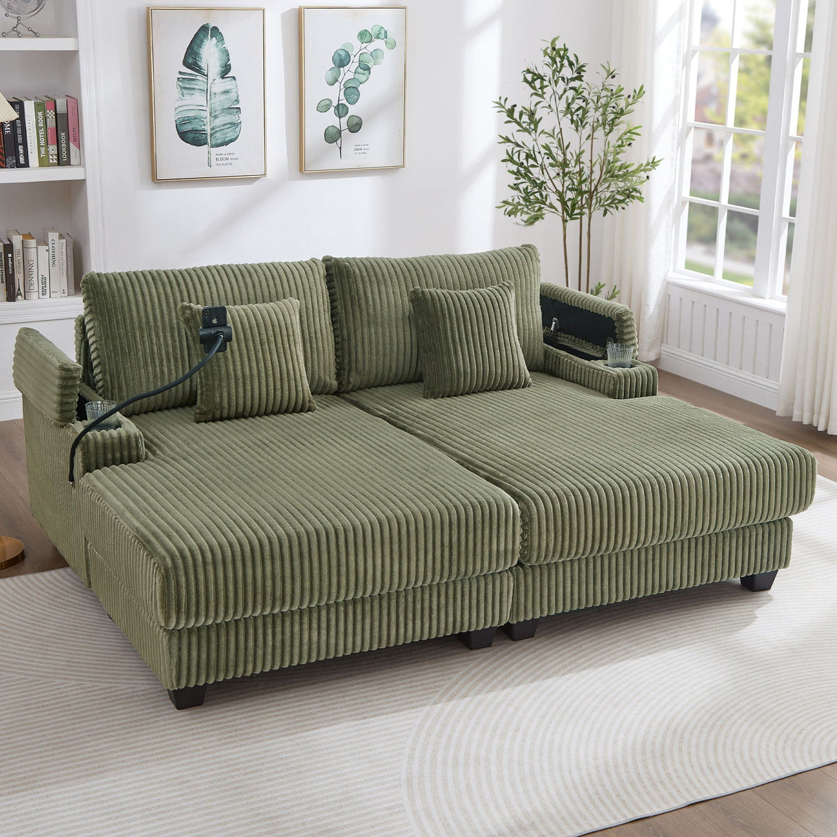 Modern Chaise Sofa With Adjustable Backrest, Cup Holders, Phone Holder & Storage Compartments