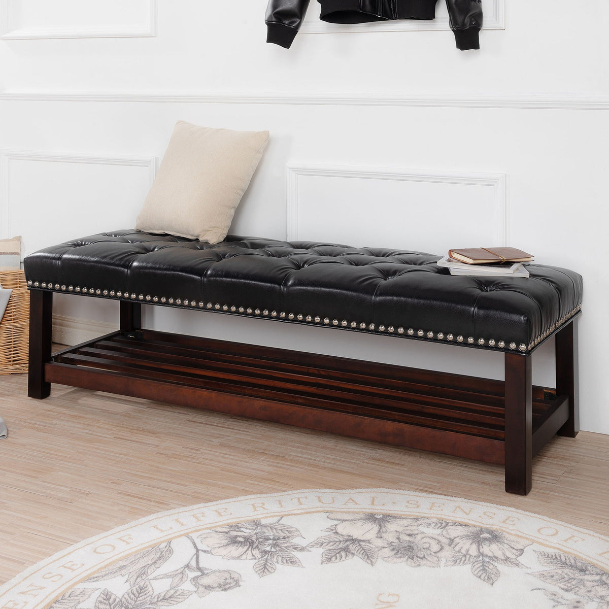 Bedroom End Of Bed Bench Tufted Upholstered End Of Bed Bench End Of Bed Entrance Shoe Bench With Nailhead Trim And Shelf Bedroom Upholstered Bench Living Room Shoe Rack Footstool