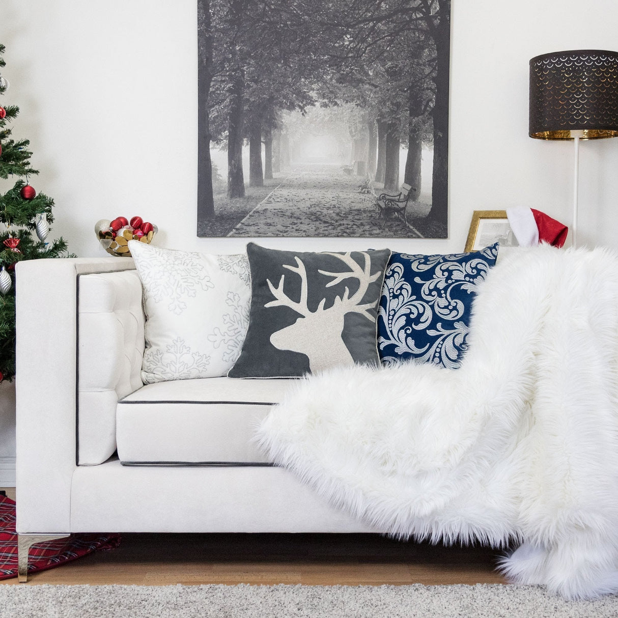 Holiday Reindeer Velvet Accent Pillow 20x20 – Gray and White