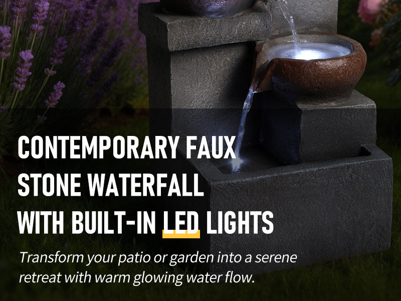 Outdoor Water Fountain Tiered Cascading Jar Waterfall Resin Garden Patio Decor with LED Lights