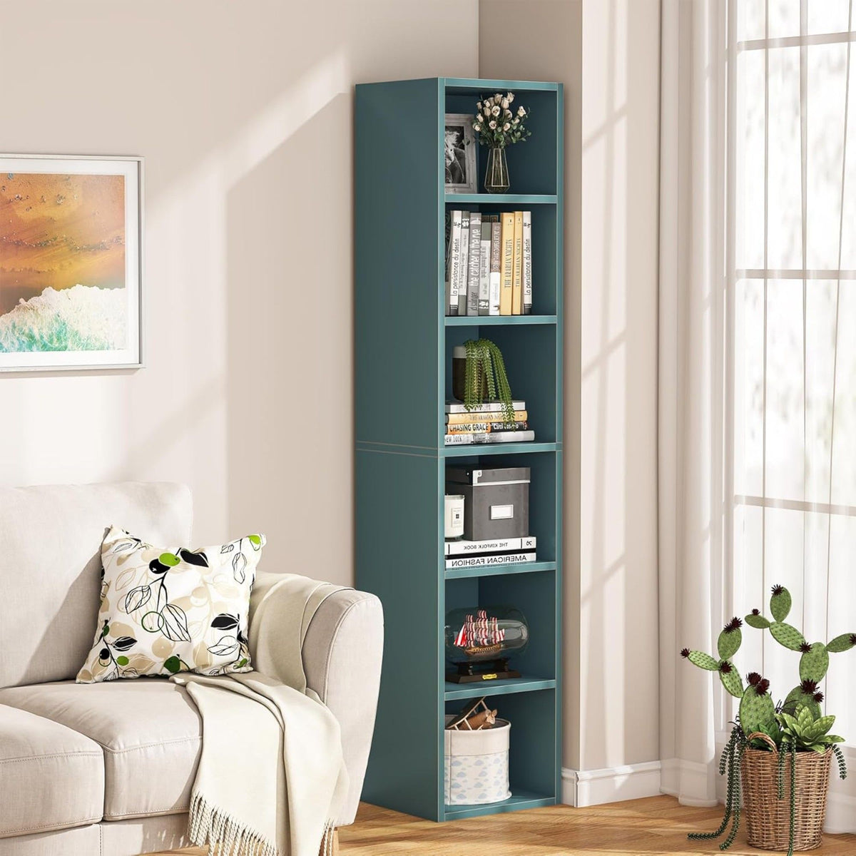 6 Tier Narrow Corner Cube Bookcase with Open Cubes - Light Blue or Dark Brown