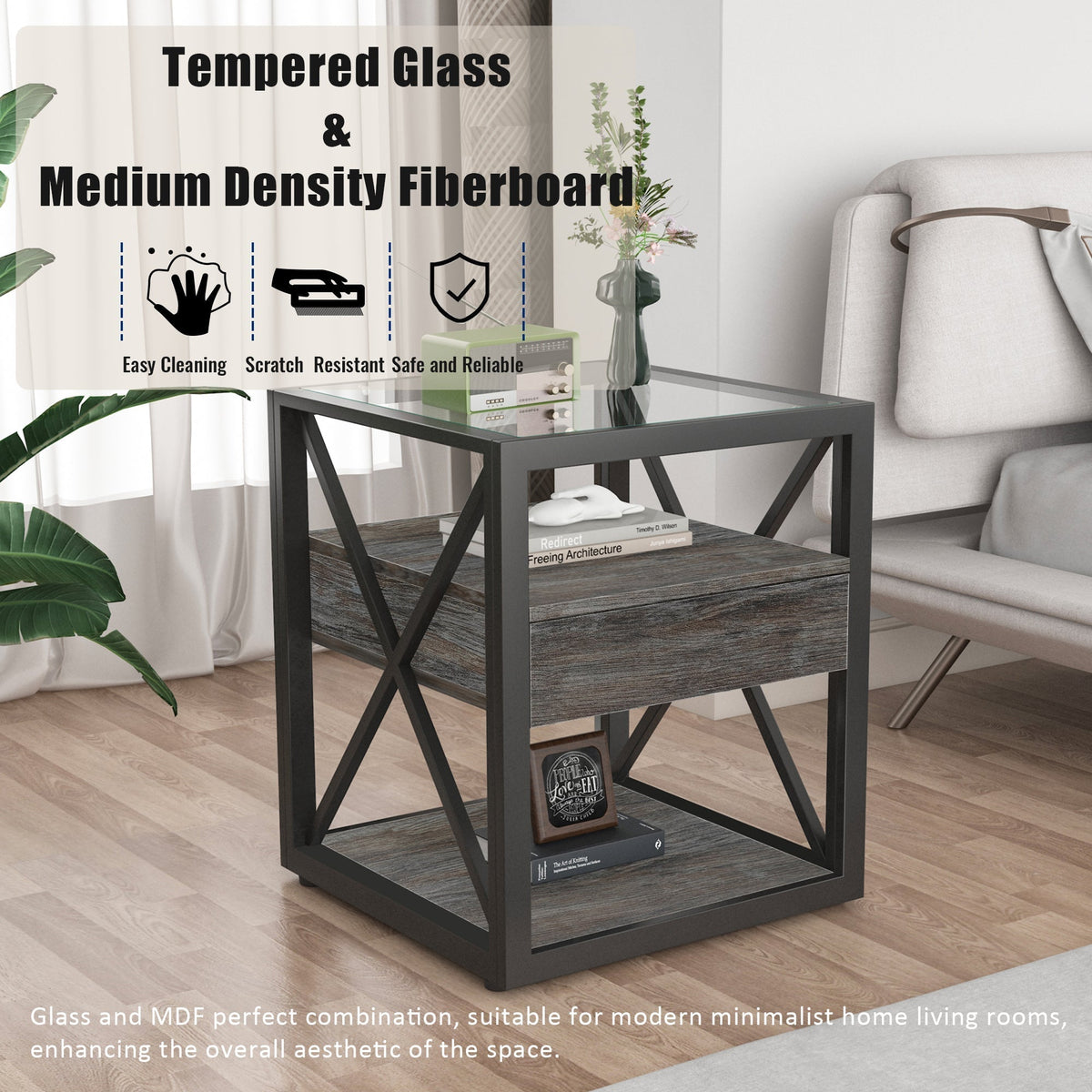 Modern End Tables with Drawer - Set of 2 Nightstands