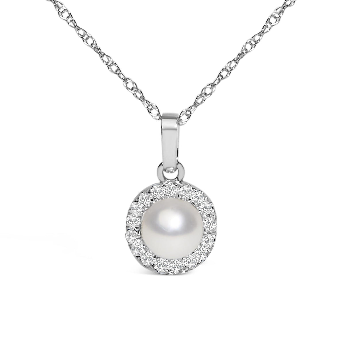 10K White Gold 5MM Cultured Pearl and Diamond Accent Halo Pendant Necklace