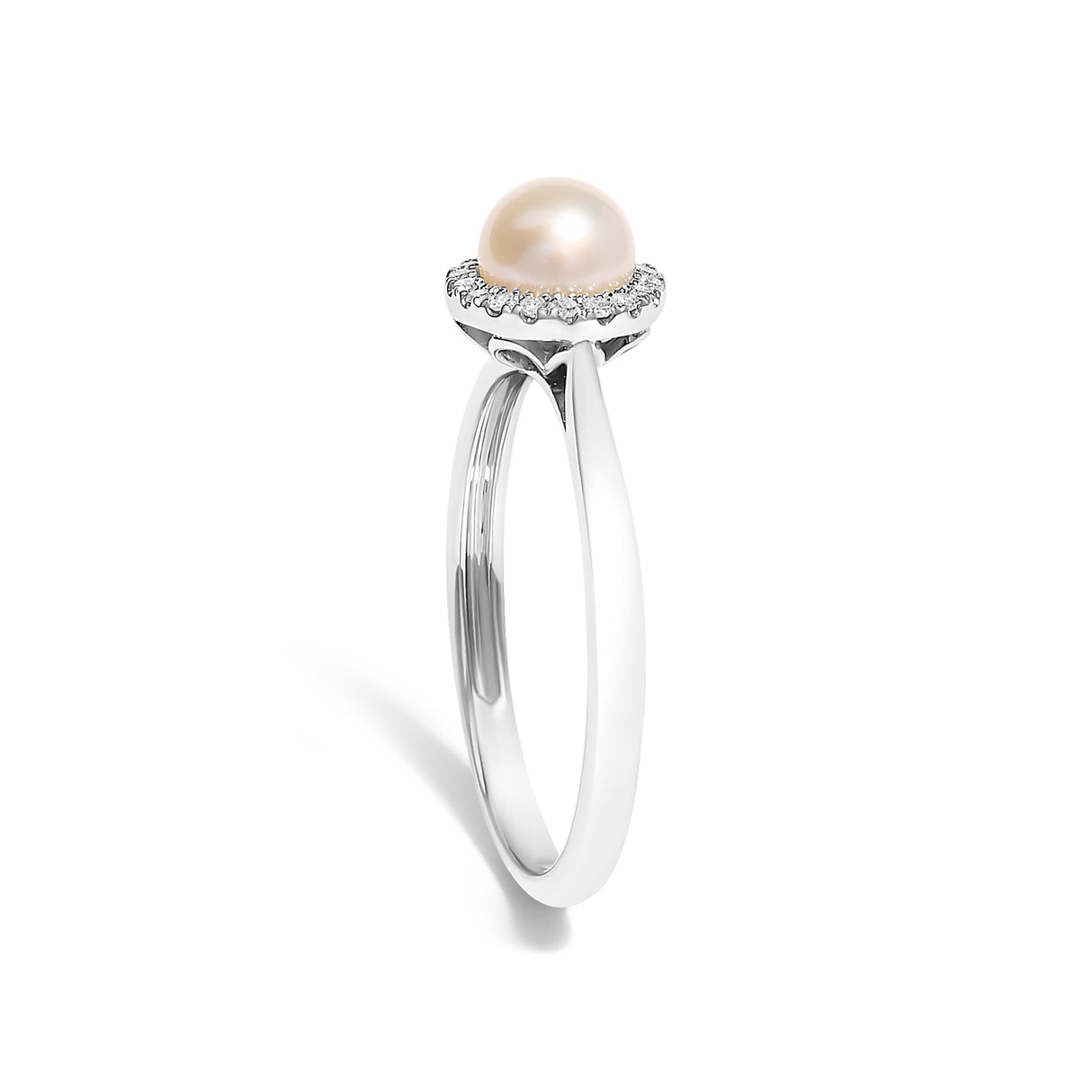 10K White Gold 5MM Cultured Freshwater Pearl and Diamond Halo Ring (I-J Color, I1-I2 Clarity) - Ring Size 6.5