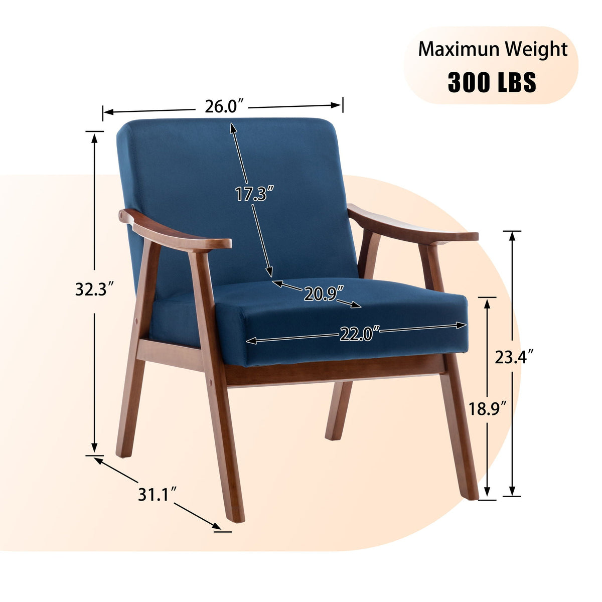 Mid Century Modern Accent Chair With Solid Wood Frame And Extra Thick Backrest