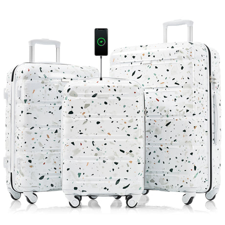 Luggage-Set-of-3,-20-inch-with-USB-Port,-Airline-Certified-Carry-on-Luggage--,-ABS+PC-Hard-Shell-Luggage-with-Spinner-Wheels,starry-sky-white-Luggage-Sets