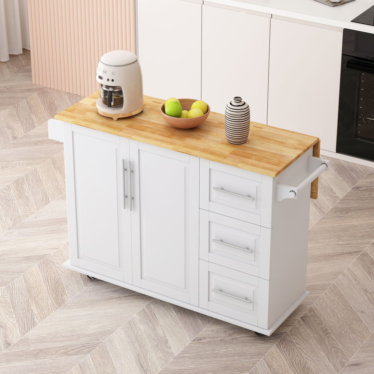 Kitchen Island Cart With 2 Door Cabinet, 3 Drawers, Spice Rack & Towel Rack - White