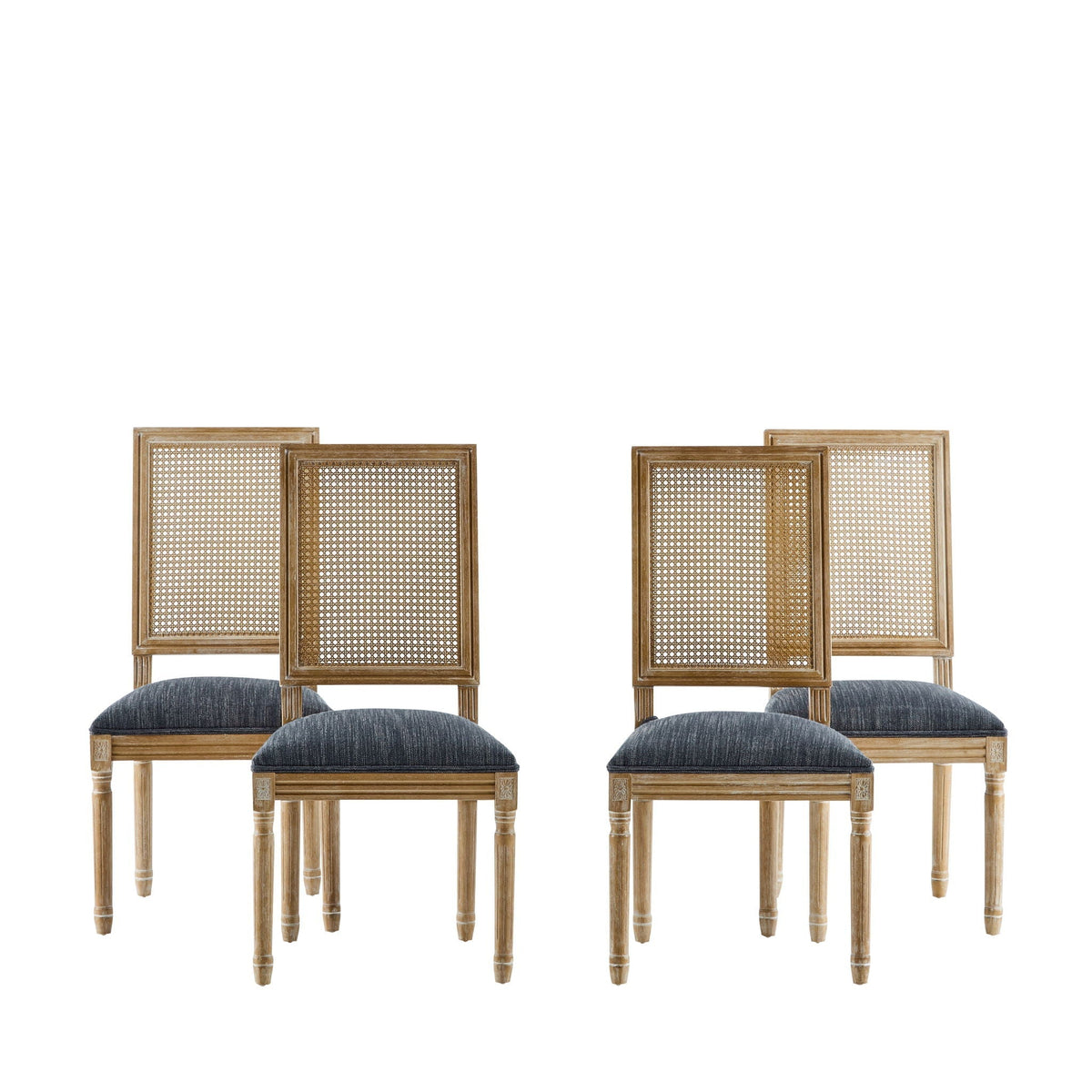 French Country Dining Chair With Rectangular Cane Backrest And Smooth Upholstered Seating