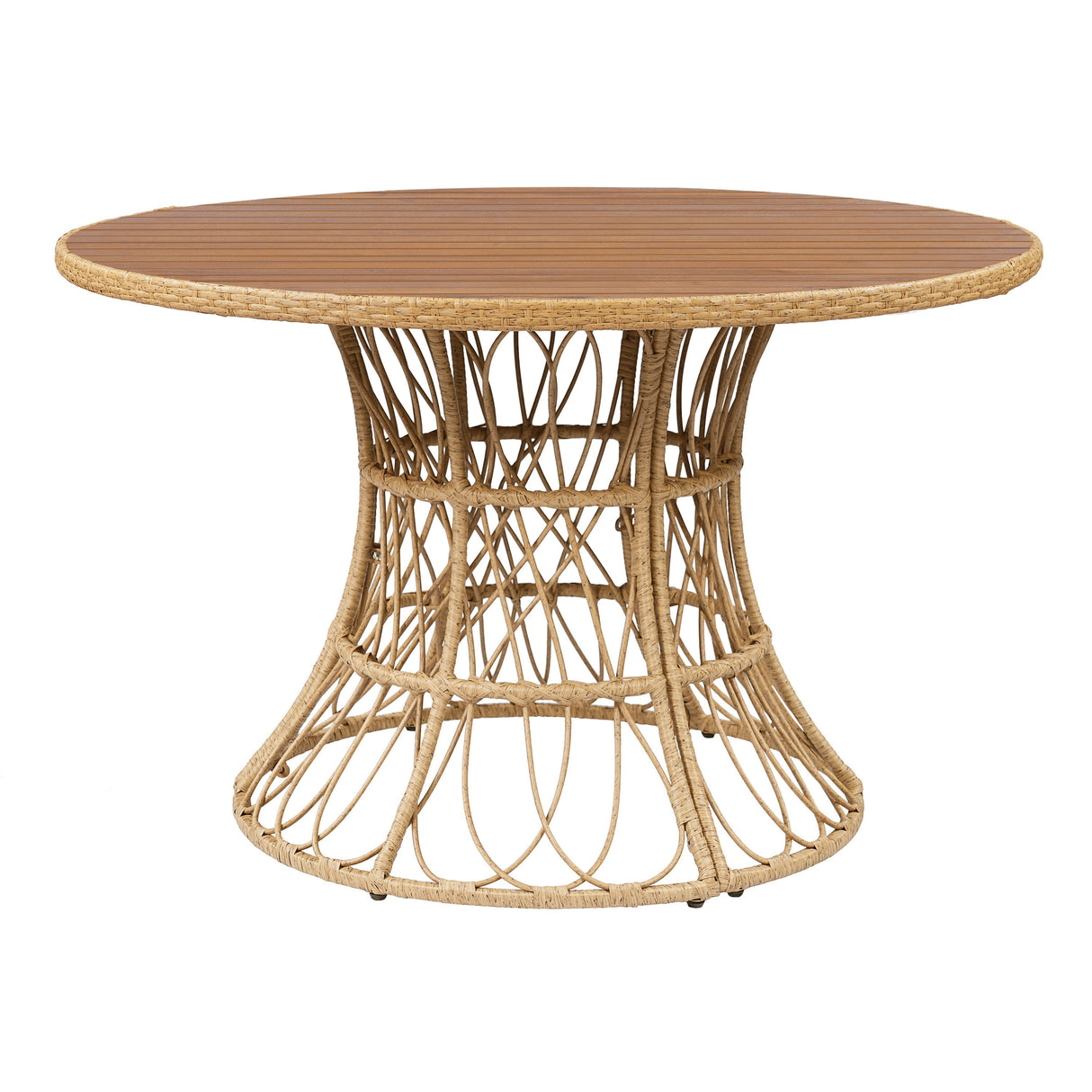 5-Piece Outdoor Dining Set: Teak Finish Round Acacia Wood Table & 4 Teak Finish Wicker Armchairs
