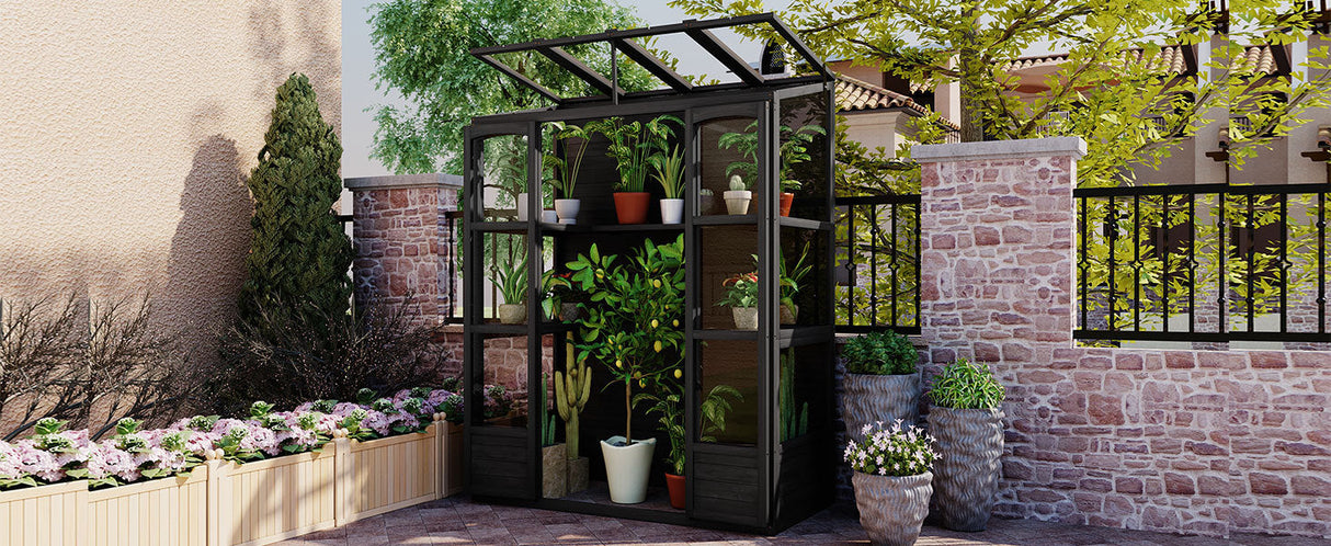 TOPMAX 78-inch Wooden Walk-in Greenhouse with Skylights and Folding Shelves