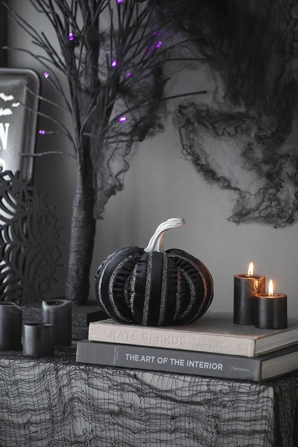 Set of 2, 7x7x7" Fabric Black Stripe Pumpkin Decor
