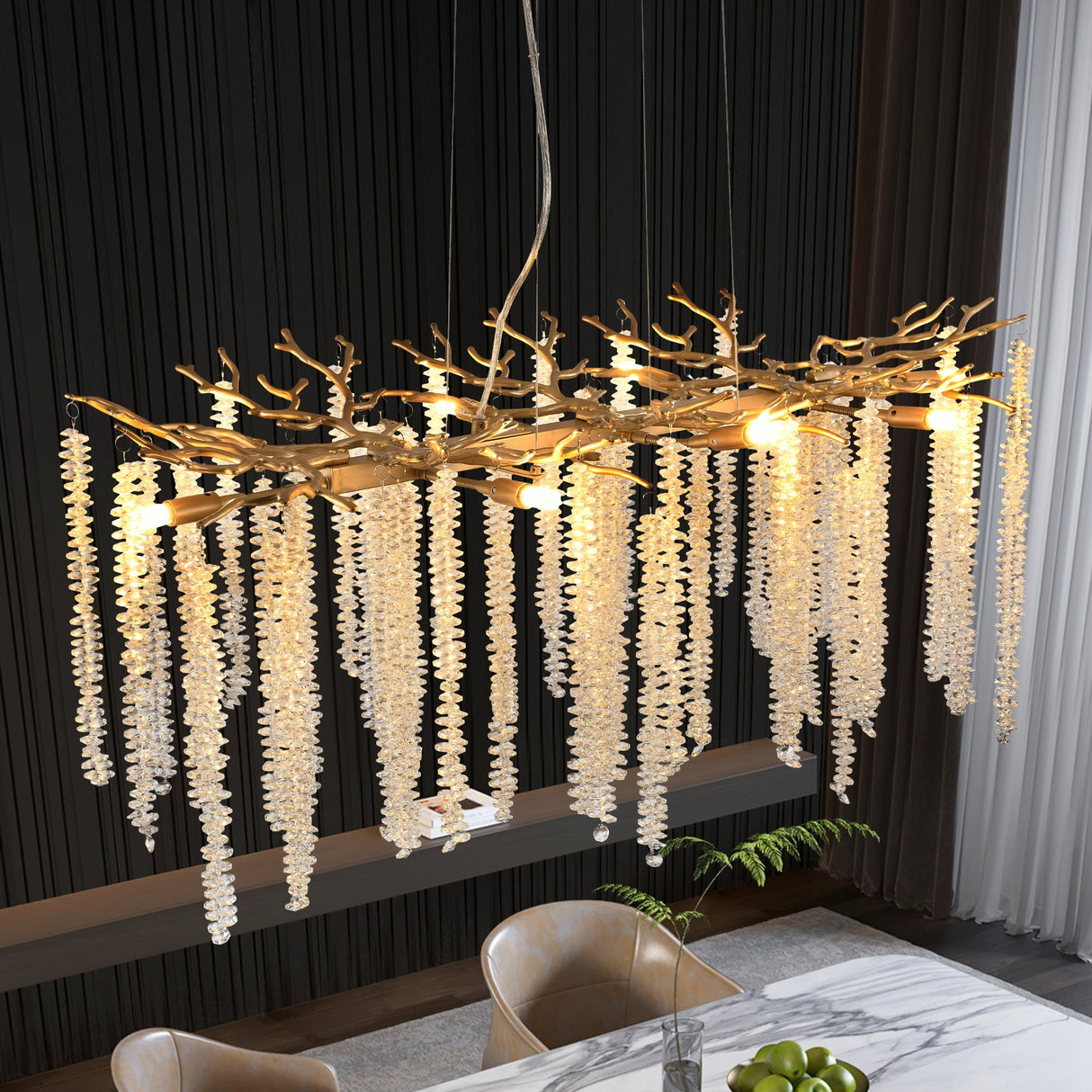 39-inch Modern Golden Pendant Light with Cascading Crystal Strands