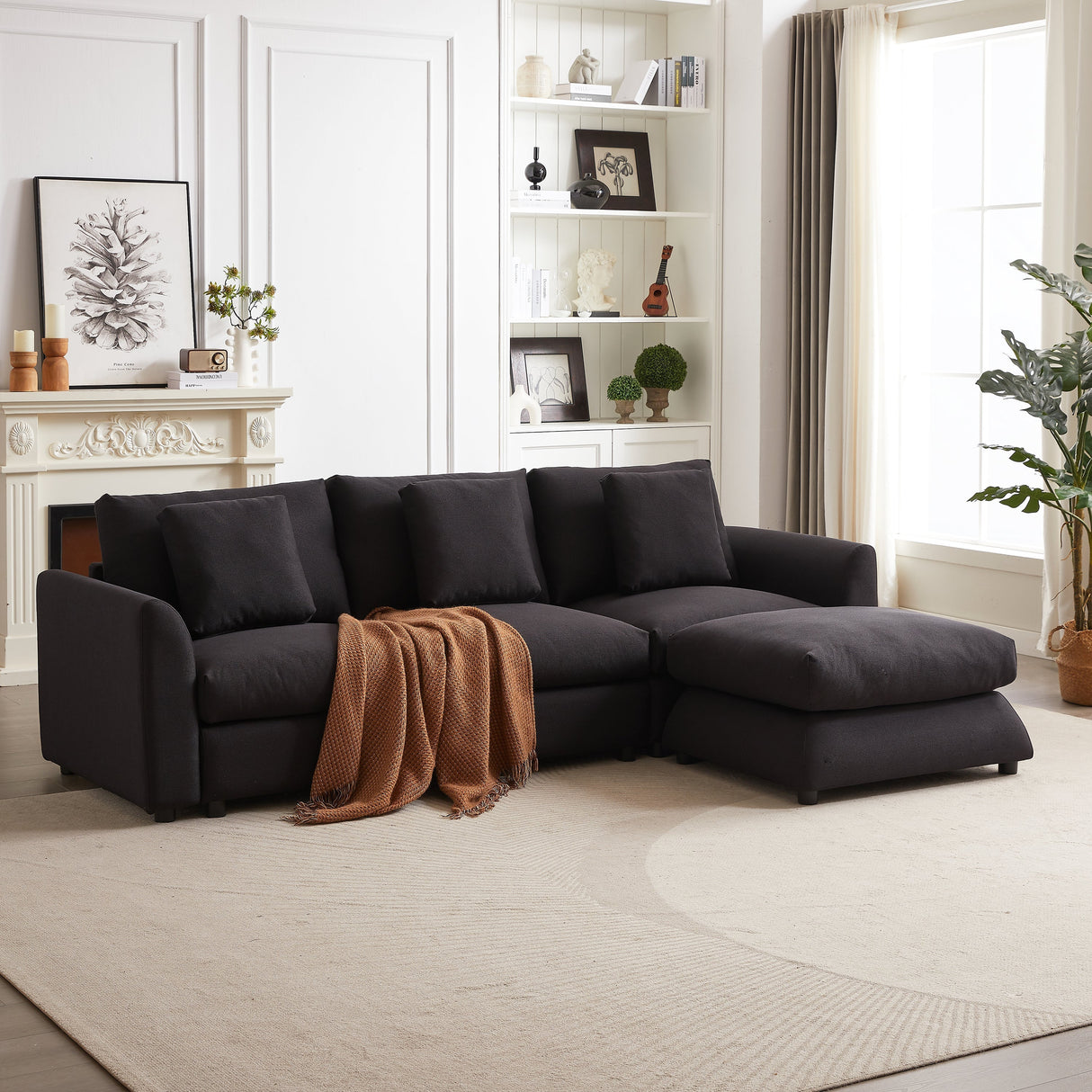 102.2 Inch Combination Sofa Modular Sofa with Ottoman Black