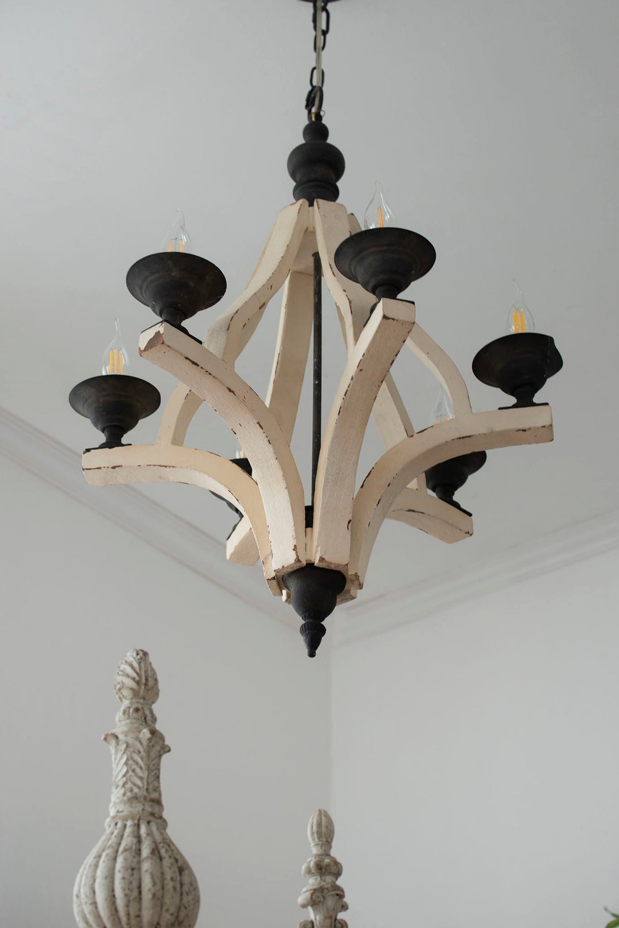 6 Light Wood Chandelier with Adjustable Chain - Cream