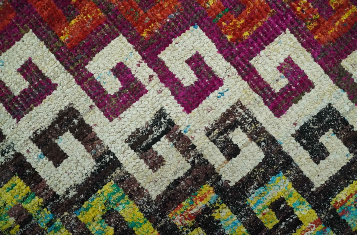 5.6x8.6 Ivory, Rust, Black and Mustard Greek key design Hand Knotted wool area rug