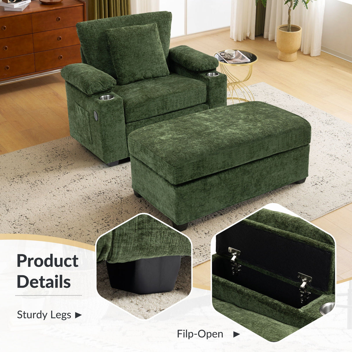 Modern Oversized Chair With Ottoman, Cupholders And USB Charging Ports