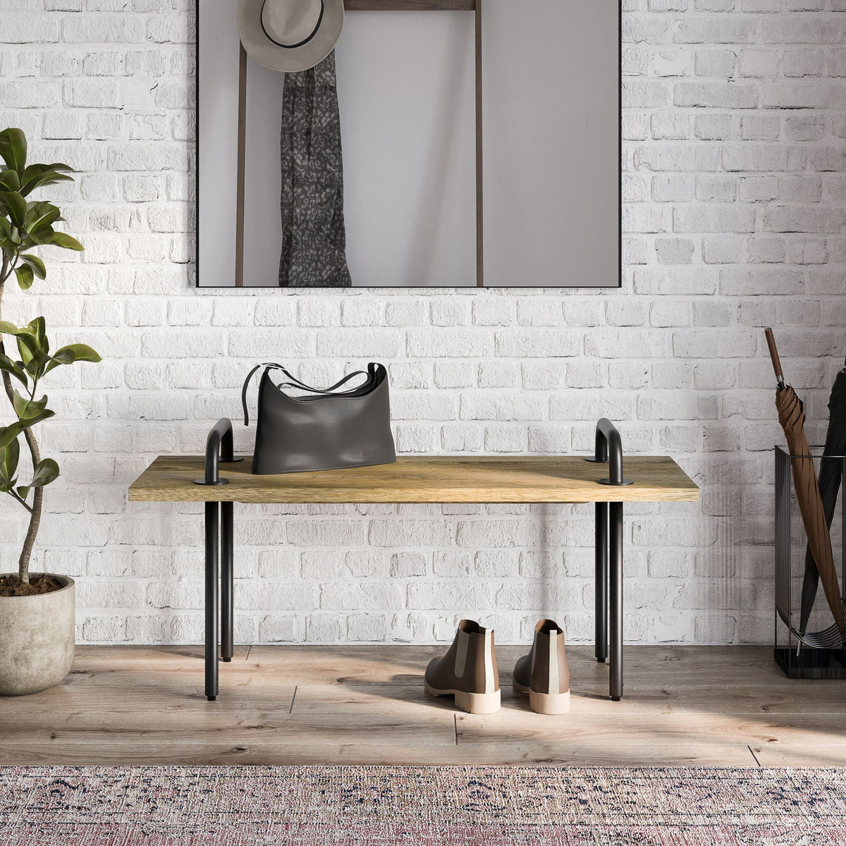 Light Brown Entryway Bench with Metal Legs - Solid Wood