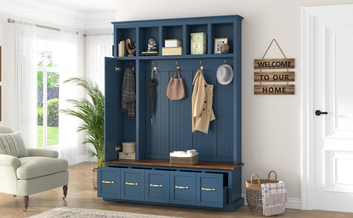 U-Can Entryway Hall Tree with Coat Hooks, Shoe Bench & Drawer Storage Cabinet