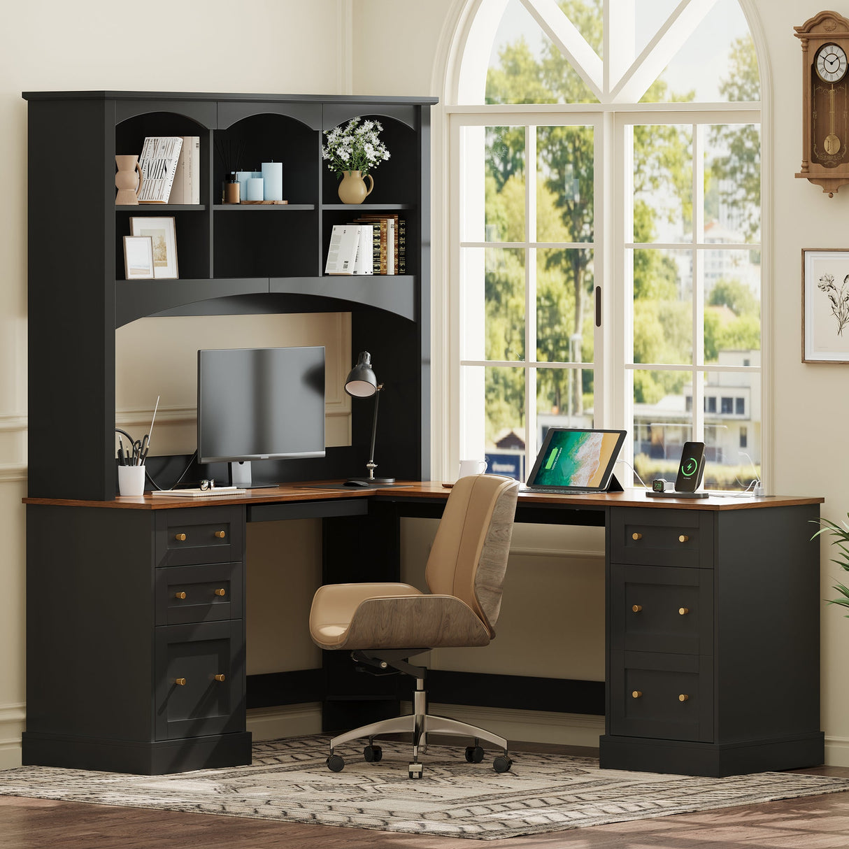Space-Saving L-Shaped Computer Desk with Keyboard Tray & Charging Stations