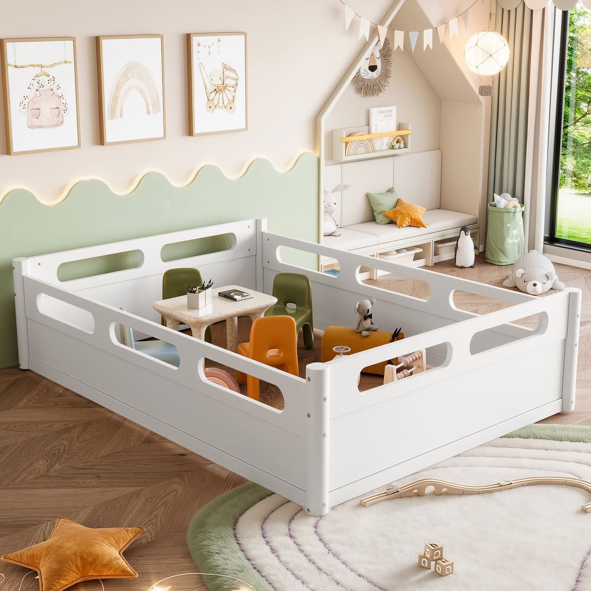 Full Size Floor Platform Bed with Full-length Guardrails