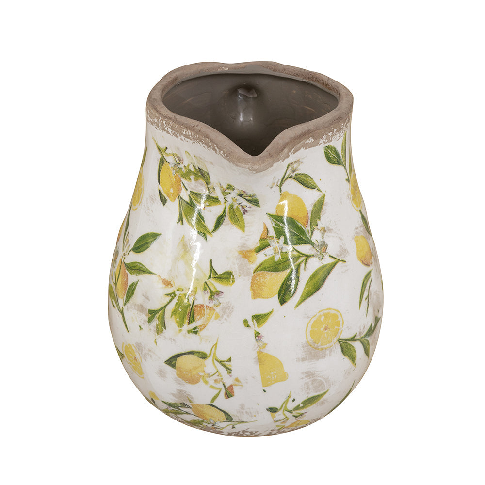 7.9x6.5x7.9" White Ceramic Pitcher Vase with Yellow Lemon Motif