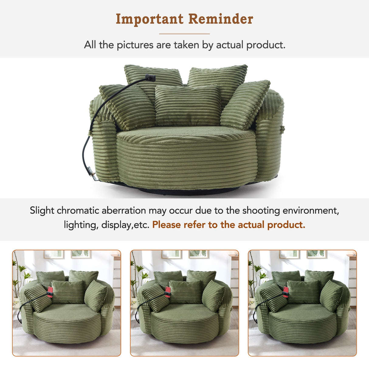 Swivel Accent Barrel Chair With Adjustable Phone Holder, 5 Pillows For Living Room