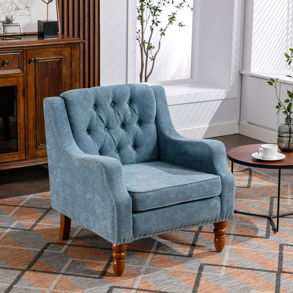 Button-Tufted Upholstered Accent Chair with Nailhead Trim and Turned Legs