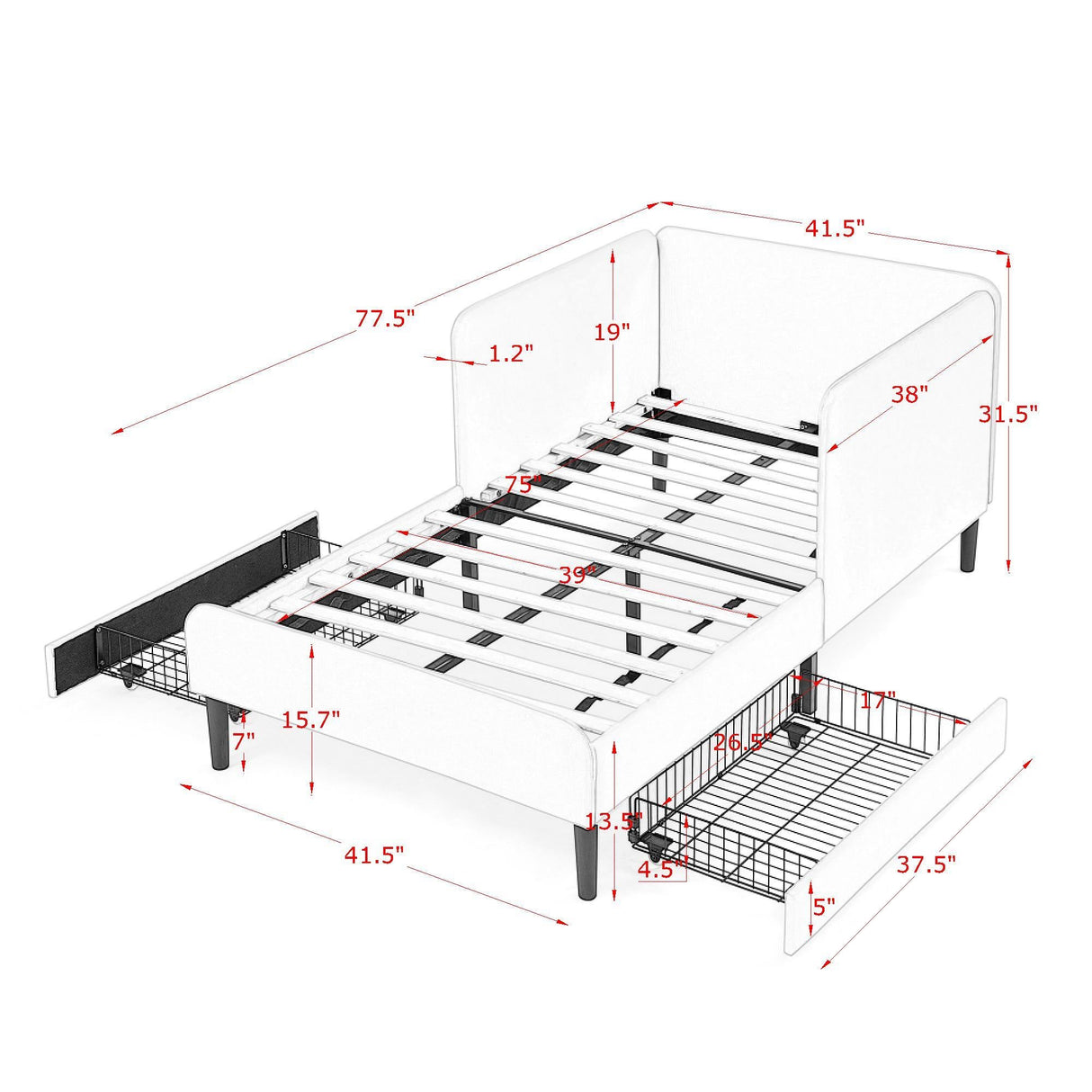Upholstered Platform Bed Frame With 2 Storage Drawers And Adjustable Sofa Bed