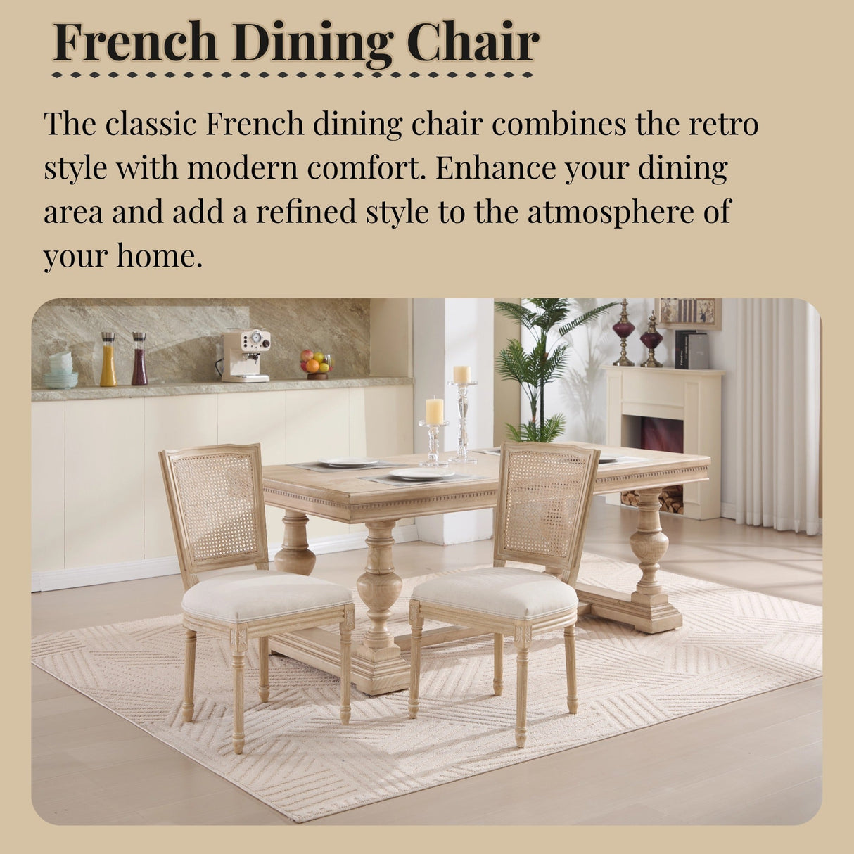 French Country Dining Chairs Set of 2 Upholstered With Natural Rattan Back