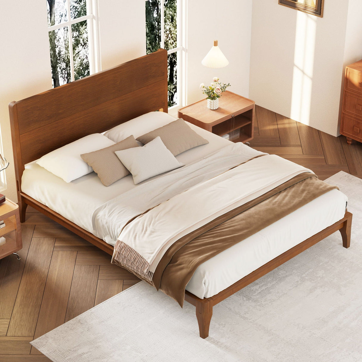 Mid-Century Modern Bamboo Platform Bed With Slat Support, No Box Spring Needed