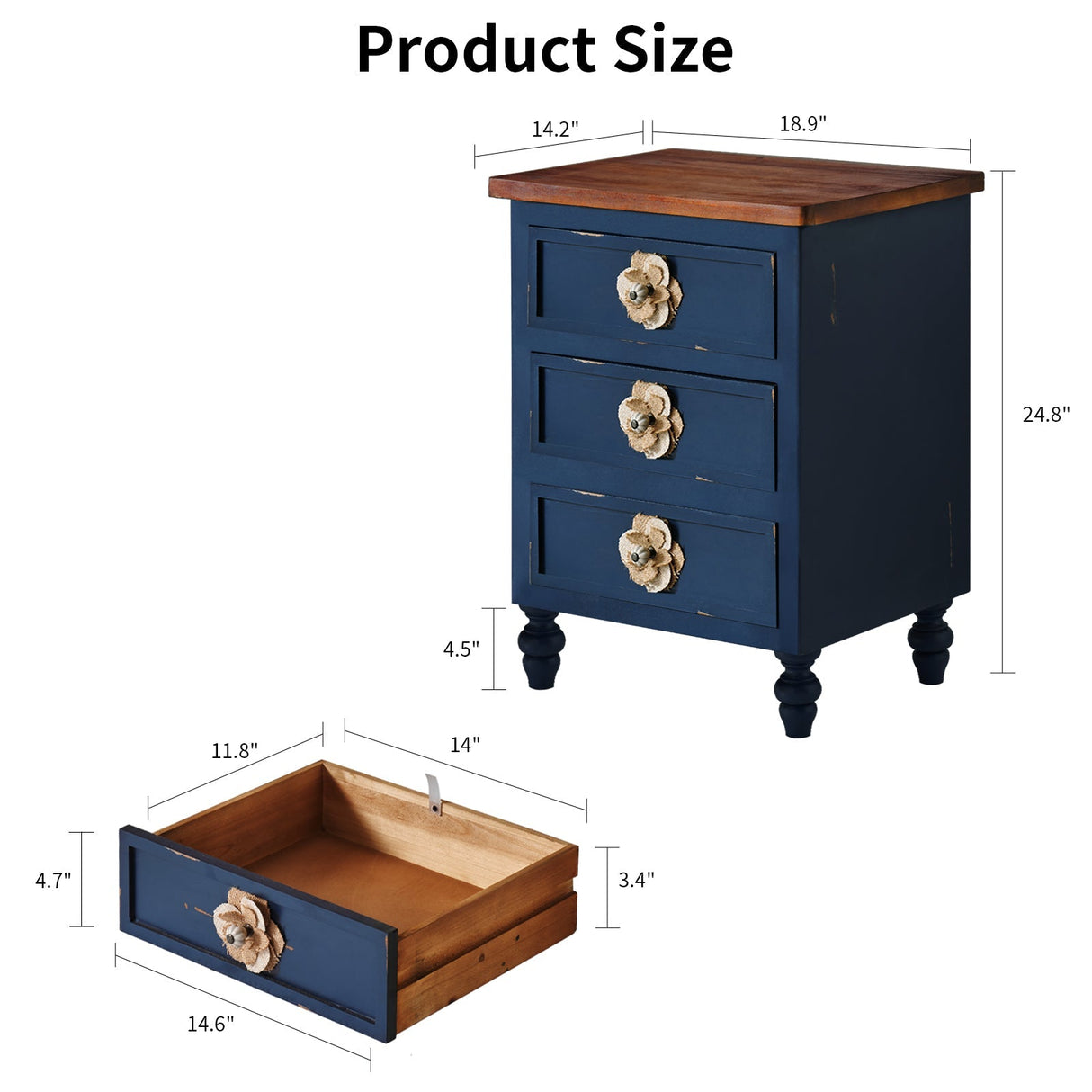 Rustic Dark Blue 3-Drawer Wooden Cabinet with Aged Finish & Floral Handles