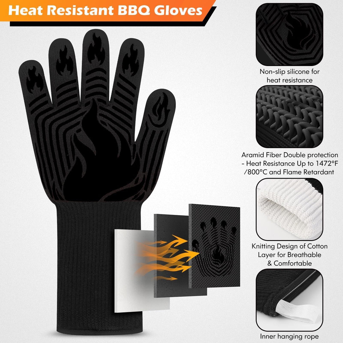 Heat Resistant BBQ Gloves with Silicone Grip - Black