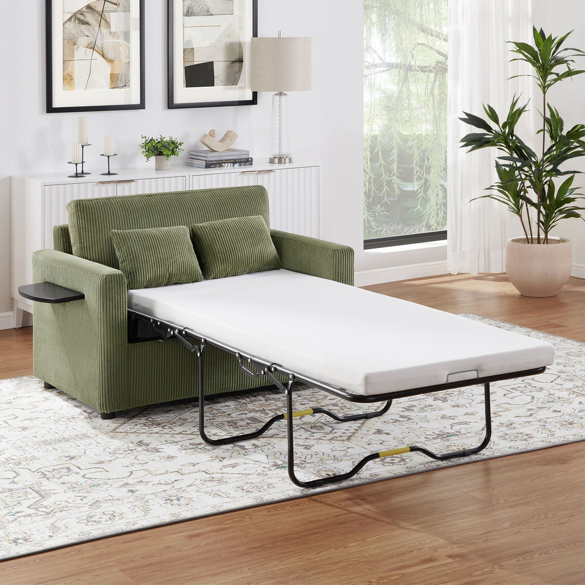 Sleeper Sofa With Foldable Mattress, USB Ports, Side Table & Storage Pocket