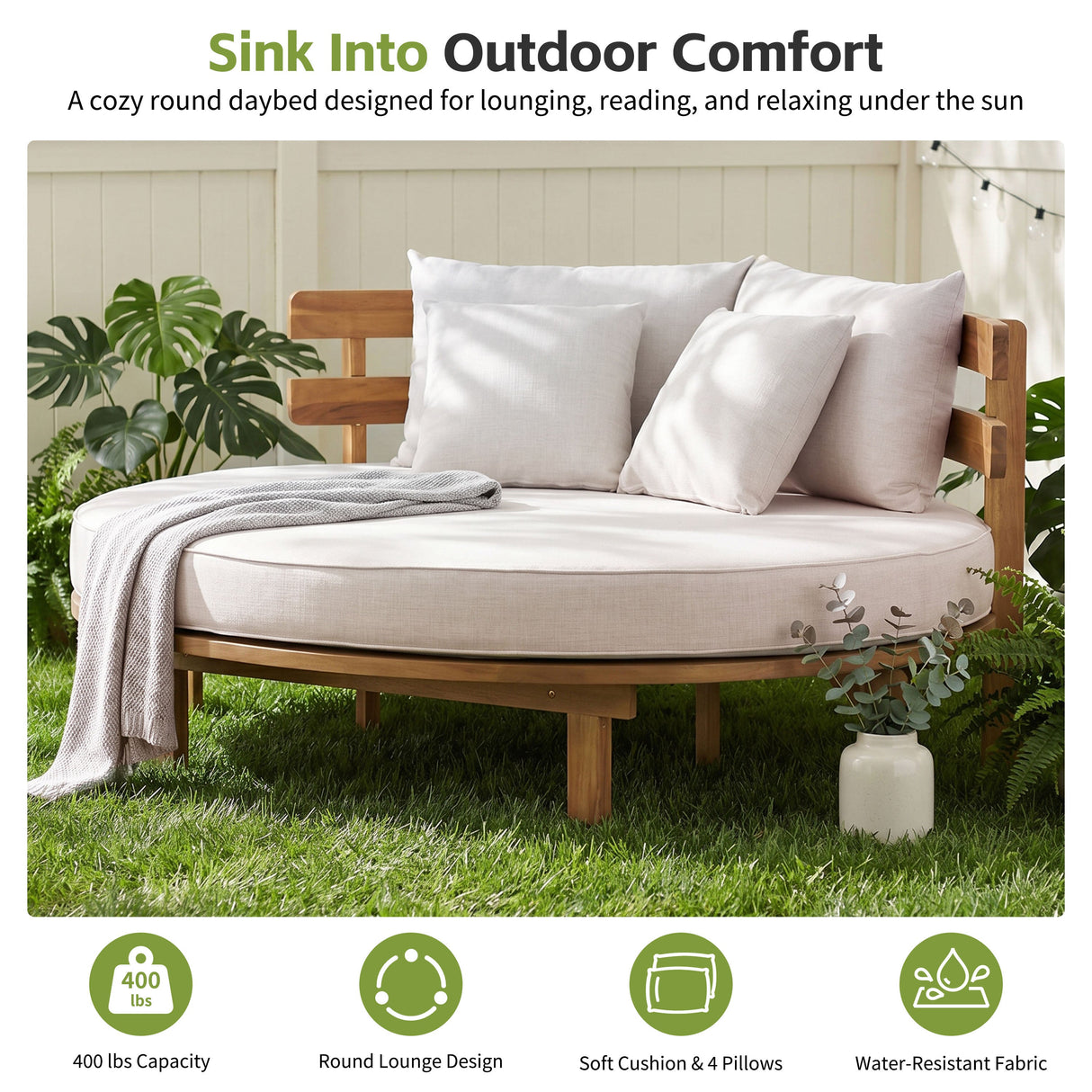 TOPMAX Outdoor Acacia Wood Round Daybed