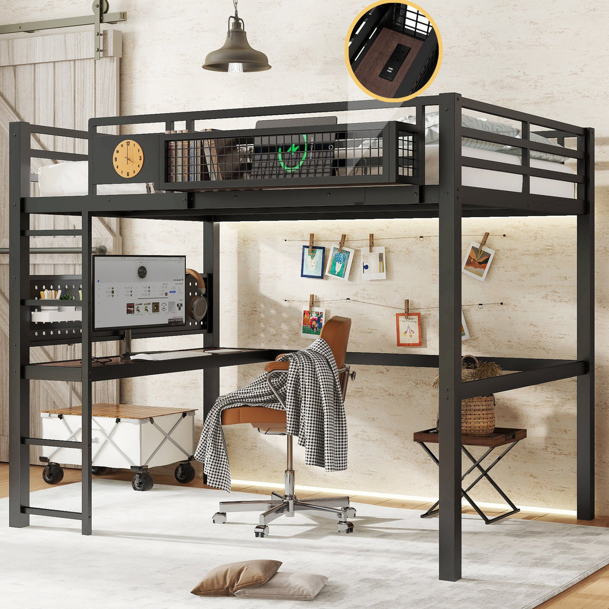 Full Size Loft Bed Frame with Desk and Charging Port