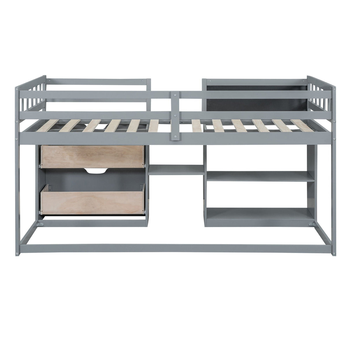 Low Loft Bed With Rolling Desk, Shelf And Drawers