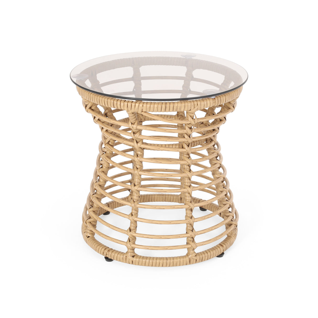 SAN PEDRO Boho Style Side Table with Tempered Glass Top in Light Brown Rattan