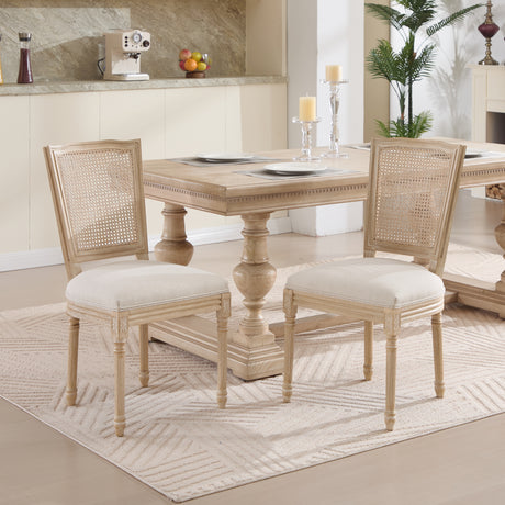 French-Country-Dining-Chairs-Set-of-2,-Upholstered--Chairs-with-Nature-Rattan-T-shaped-Back,-Wire-drawing-and-carving-techniques-,Disassemblable-,--for-Living-Room,-Kitchen-,-Restaurant-Use,-Beige-