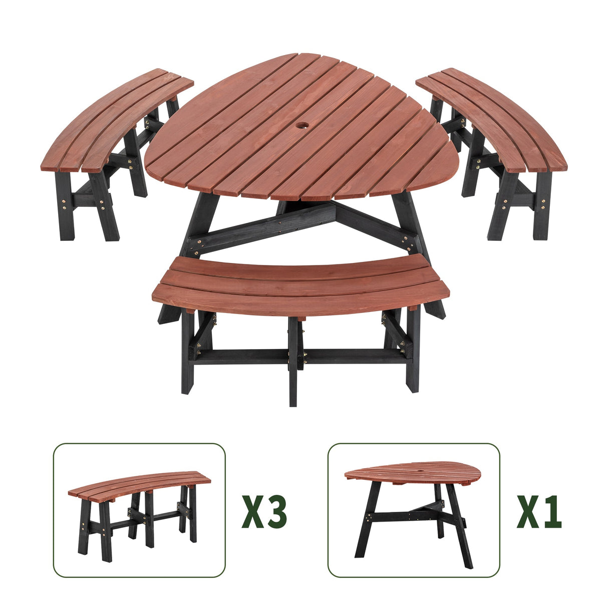 6-Person Semi-Circular Outdoor Solid Fir Wood Picnic Table Set, Rustic