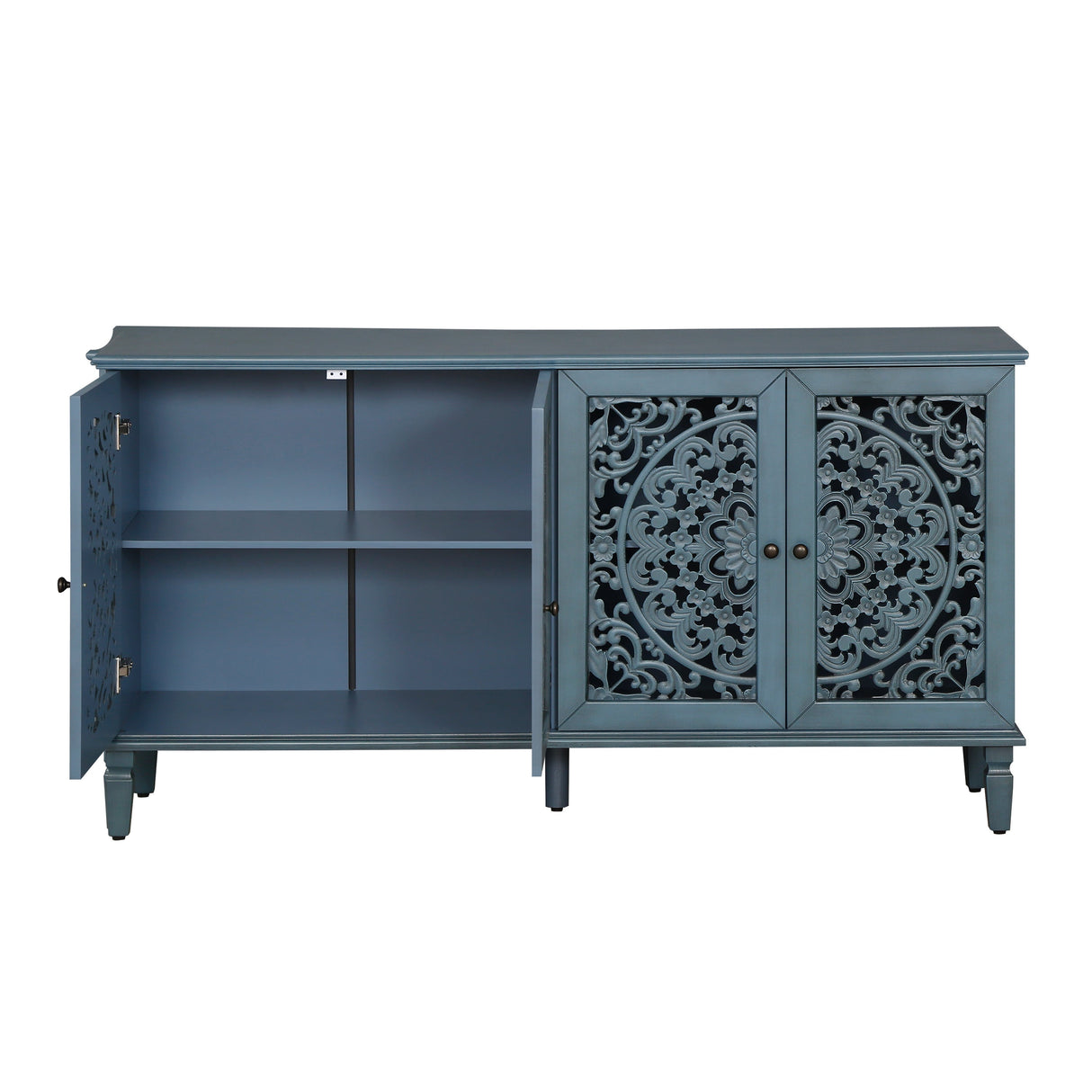 60" Antique Buffet Cabinet with Floral Carvings and Adjustable Shelves